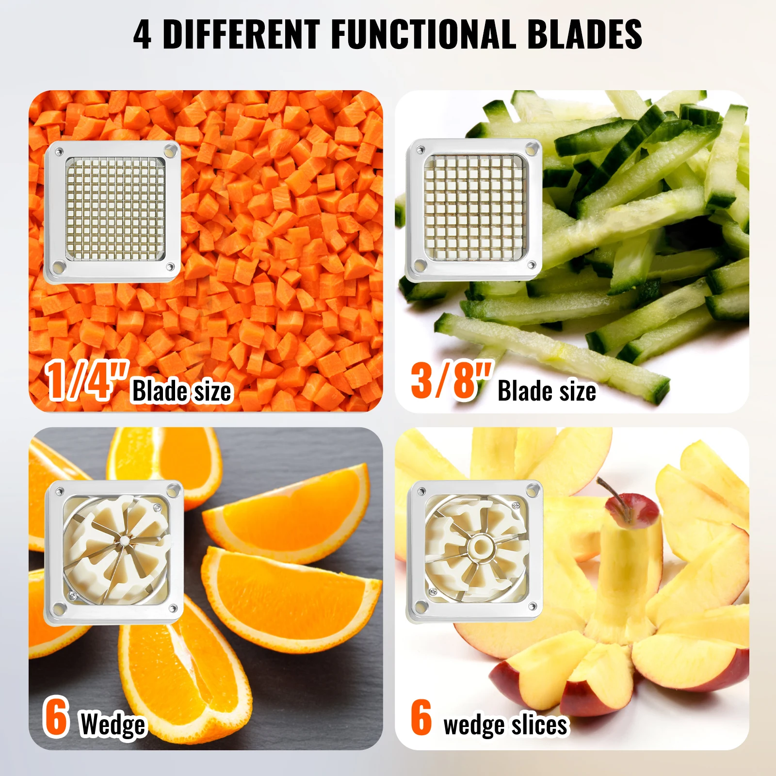 VEVOR Commercial French Fry Cutter w/ 4 Replacement Blades, Different sizes Blade Chopper, 6-wedge Slicer & 6-wedge Apple Corer