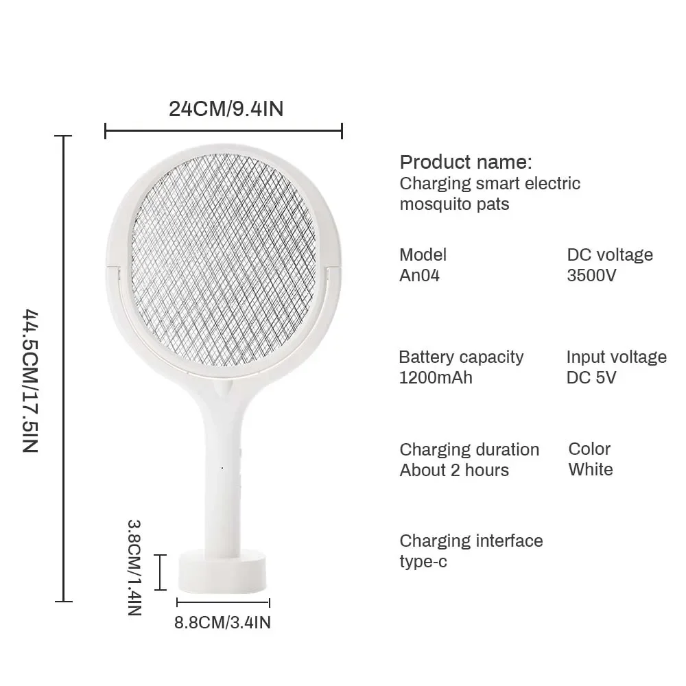 Matamoscas inteligente de 3500V con mango de extensión, lámpara antimosquitos ajustable en ángulo, protección recargable de 5 capas