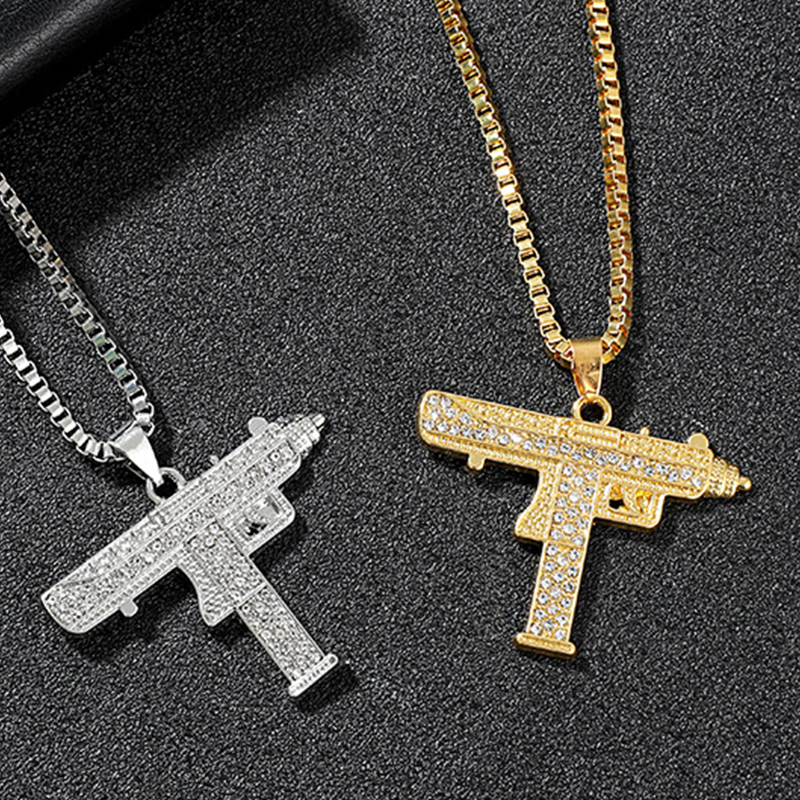 TrendMen Hiphop Rock Pistole Maschinenpistole Gewehr Anhänger Halsketten Für Männer Jungen Gold Farbe Metall Metall Schlüsselbein Kette Schmuck