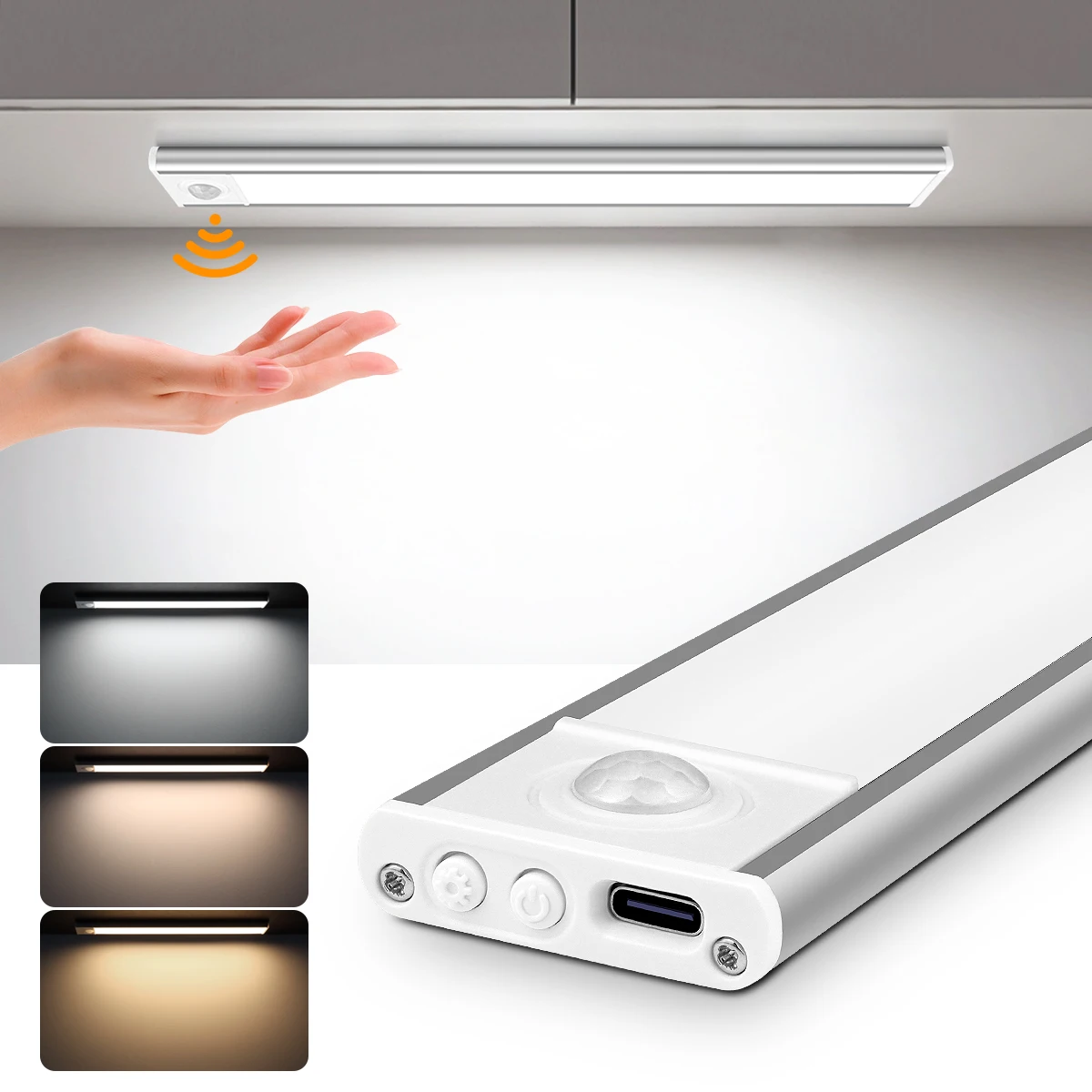 Barra de luz LED recargable por USB, batería de alta capacidad, Sensor de movimiento de aluminio, tira magnética para escaleras, armario, lámpara de noche