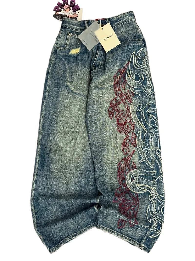 Y2K americano nuevo patrón bordado pantalones vaqueros holgados hombres High Street Vintage Hip Hop moda Casual Joker pareja pantalones de pierna ancha