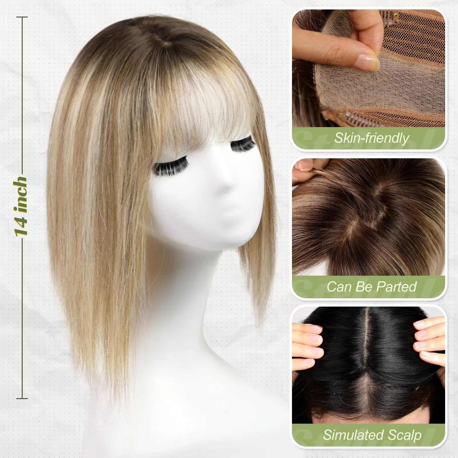 Cheveux humains à reflets bruns et blonds, 5x5.5 pouces, Base en soie, 14 pouces, Toppers réels avec 3 Clips pour femmes, perte de cheveux