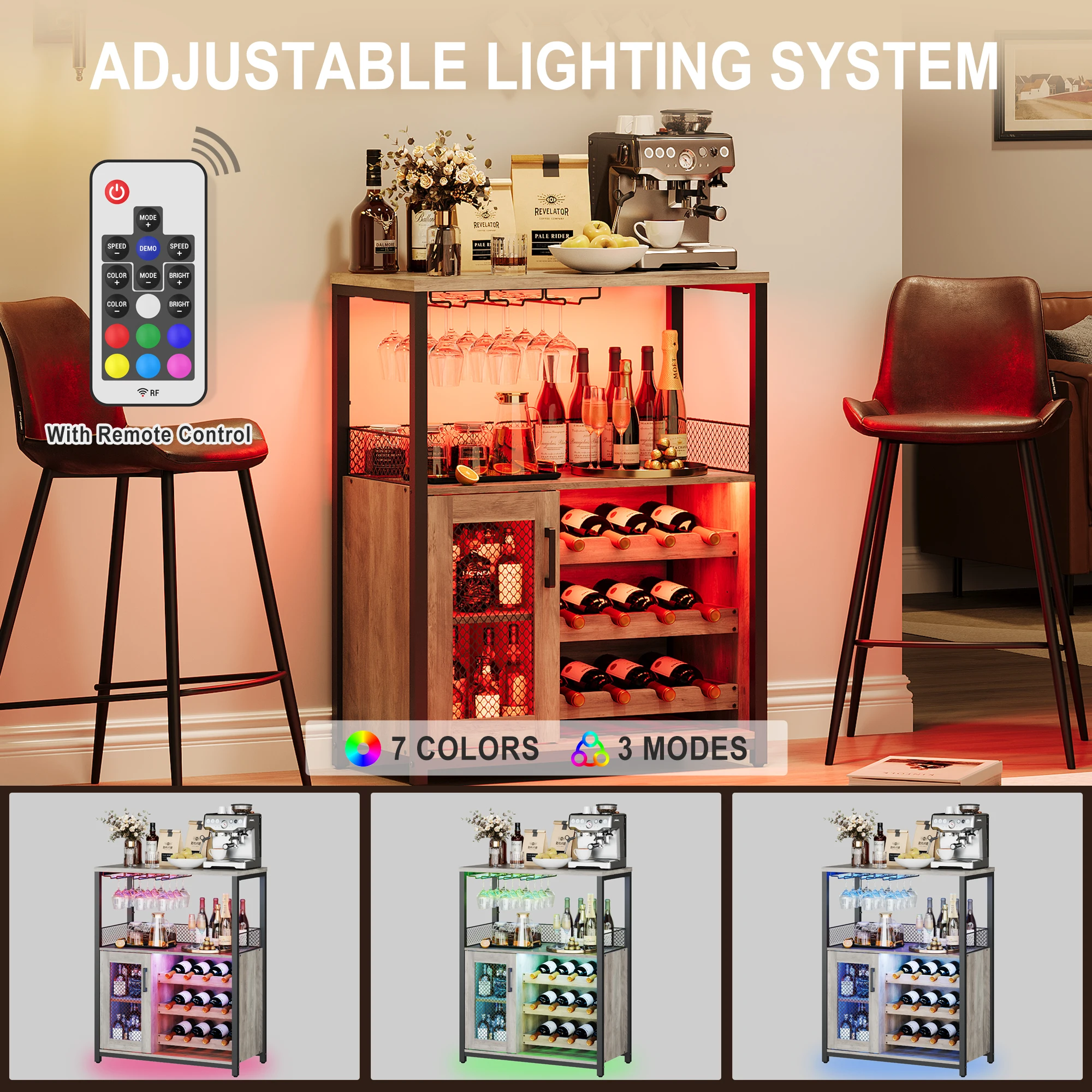 Wine Bar Cabinet with LED Lights Removable Wine Storage Cabinet with Extra Storage Industrial Sideboard and Buffet