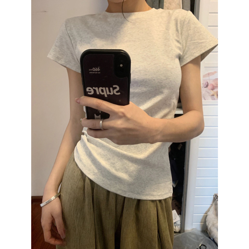 夏の新ベーシックソリッドカラー半袖 Tシャツ女性の通勤スタイルラウンドネックショート丈ピュアカラーコットンブレンドファイバー