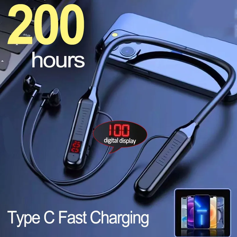 Auriculares inalámbricos con banda para el cuello, cascos deportivos estéreo con pantalla LED, resistentes al agua, magnéticos, 5,3