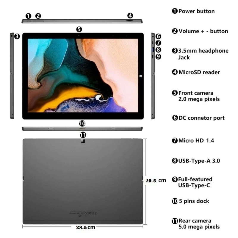8GB RAM 512GB SSD ROM 11.6 Inch Windows 11 Tablet PC Intel Celeron Processor N4100 CPU 1920 x 1080 Pixel 2 x USB 3.0 Port Type-C