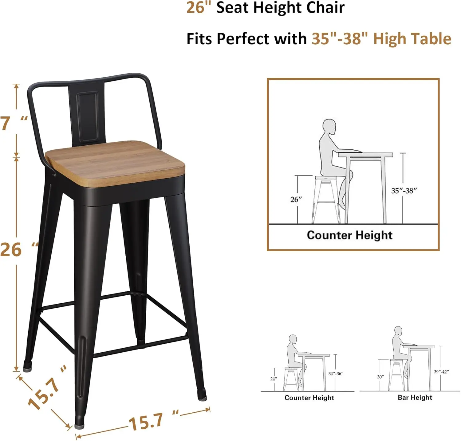 Metal Bar Stools Set of 4 Counter Height Bar Stools Barstools with Removable Back 26" Kitchen Bar Stools with Wooden Se