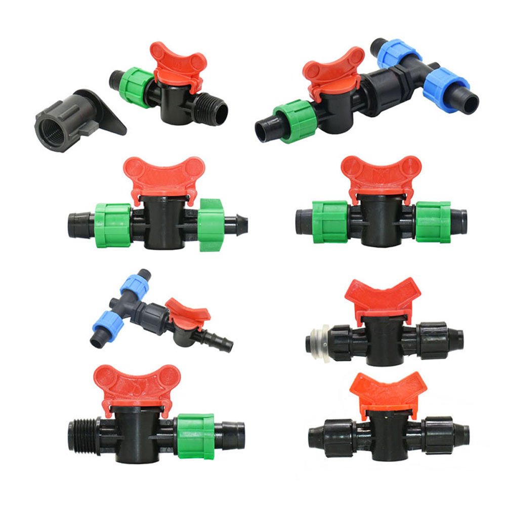 Accesorios de cinta de goteo de riego de 5/8 "y 16mm, tapón de extremo de codo en T, conectores rectos, tuerca de bloqueo, manguera, divisor de agua para invernadero de granja