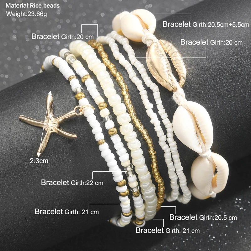 7 unid/set de cuentas de arroz bohemias, conjunto de tobillera con colgante de estrella de mar, moda de verano, playa, concha de mar, pulsera de tobillo multicapa, joyería para pie