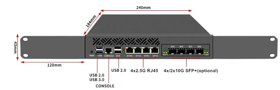 1U 9.5 Inch Rack-mounted Firewall Appliance Mini PC Intel N100 4*/2*10G SFP 4xi226-V 2.5G Gateway Network Security Server