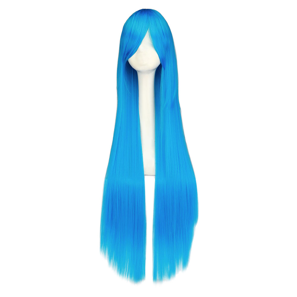 QQXCAIW Cosplay100cm Longo Azul Perucas de Cabelo Sintético Halloween Anime Traje Reta Peruca Resistente ao Calor