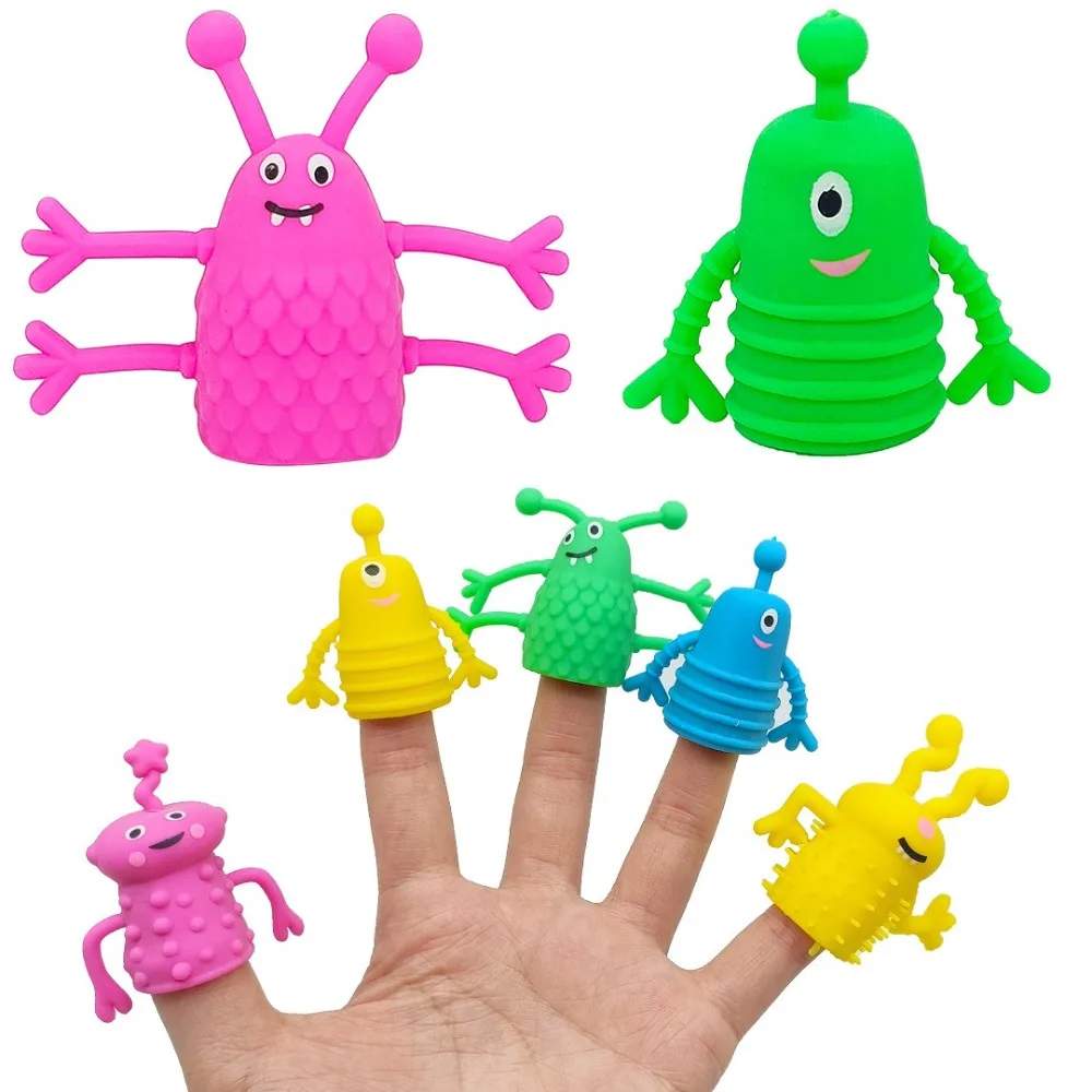 10pcs Funny Soft Rubber Finger Topper Toy Soothing Doll Stretchy Finger Puppet Mini Cartoon Dinosaur Fidget Toy