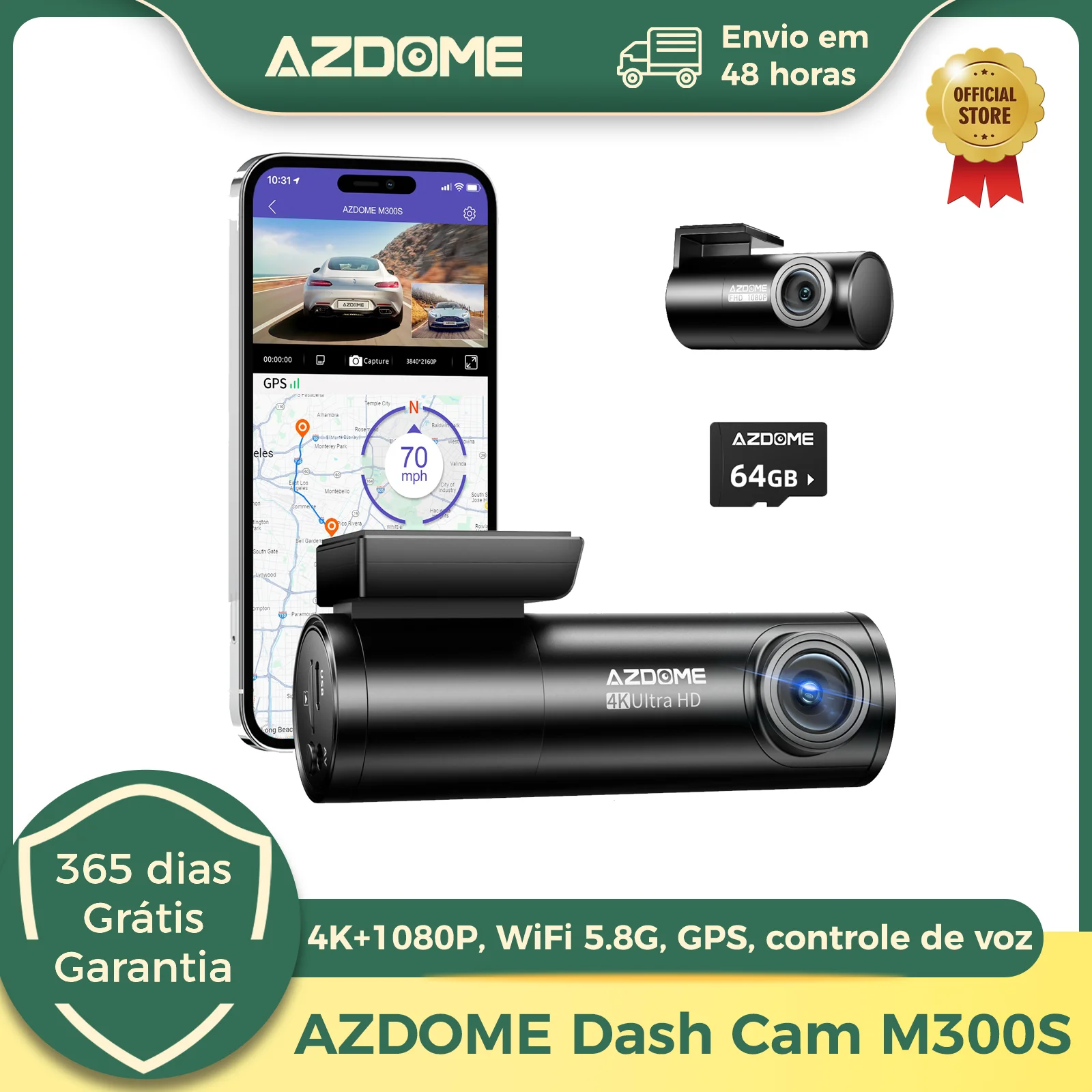AZDOME M300S 4K Dash Cam frontal e traseira, câmera de painel GPS WiFi 5.8G para carros, cartão SD de 64 GB gratuito, controle de voz, visão noturna WDR