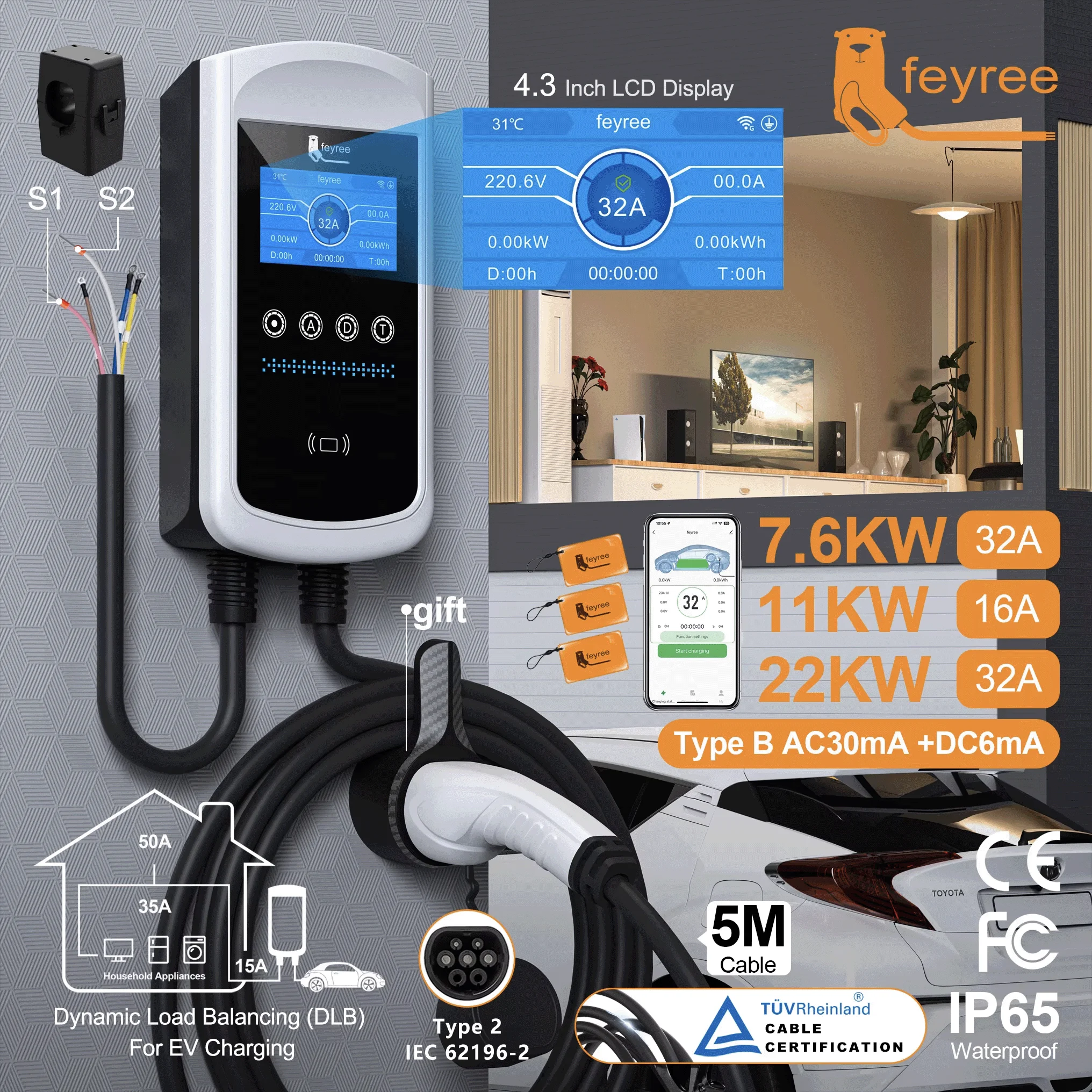 Ładowarka Feyree Type2 EV 32A 7.6KW Stacja Ładująca Samochodowa Ładowarka 11KW 22KW 3-fazowa EVSE Wallbox Ekran 4.3 cala Inteligentne Sterowanie Aplikacją
