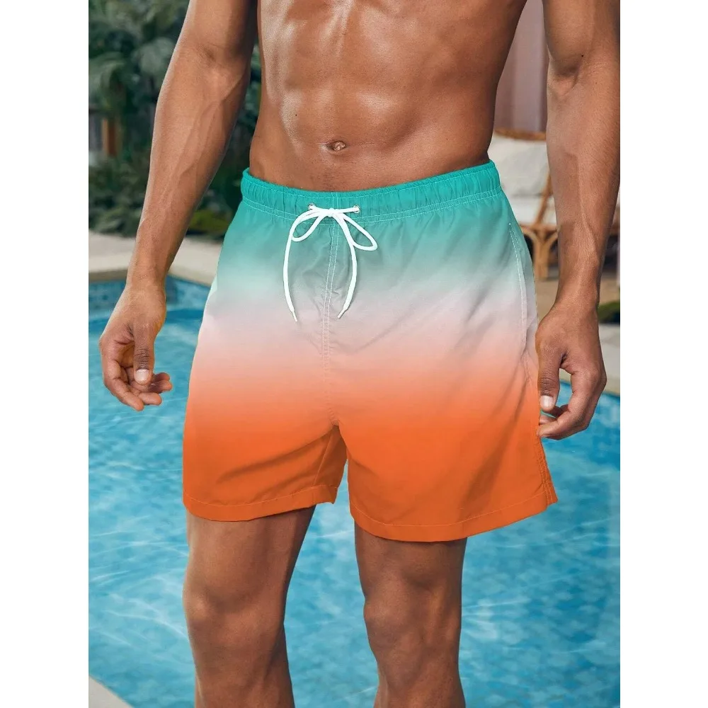 Men's Beach Shorts Gradient Color Block Drawstring Summer Men's swim Trunks Elastic Waist 3D Print  Breathable Short Streetwear