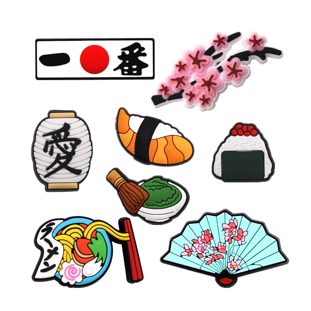 1 Uds. Amuletos originales de PVC de estilo japonés para zapatos, sandalias de diseño Sashimi, accesorios de decoración superior, hebilla de broche de zueco de abanico Sakura