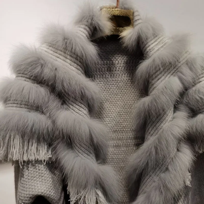 Frauen plus Größe echte Fuchs Pelz Strick mantel weibliche Langarm Winter mode echte lange Strickjacke Outwear echtes Fell