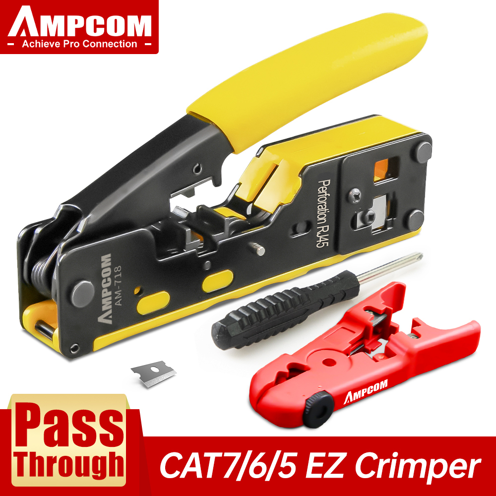 Ampcom rj45 rj11 passagem através da ferramenta de friso para cat7/6a cat6/5 ethernet plugues modulares conectores com stripper e lâmina sobressalente