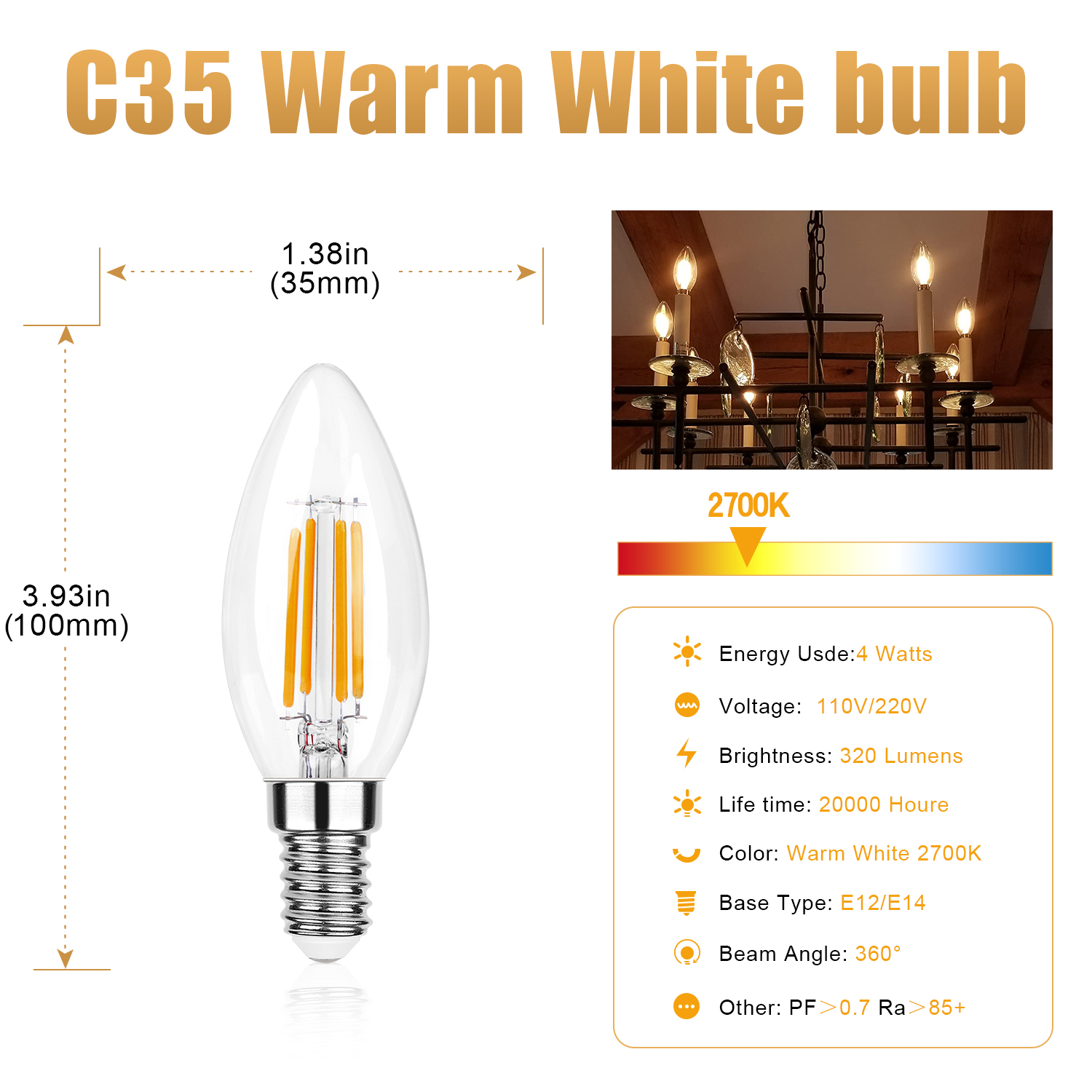 C35 4 W E12 E14 Kandelaber-LED-Glühbirnen, 40 Watt, äquivalent, dimmbar, 2700 K warmweiß, Kronleuchter, Deckenventilator, Kerzenlichtbirne