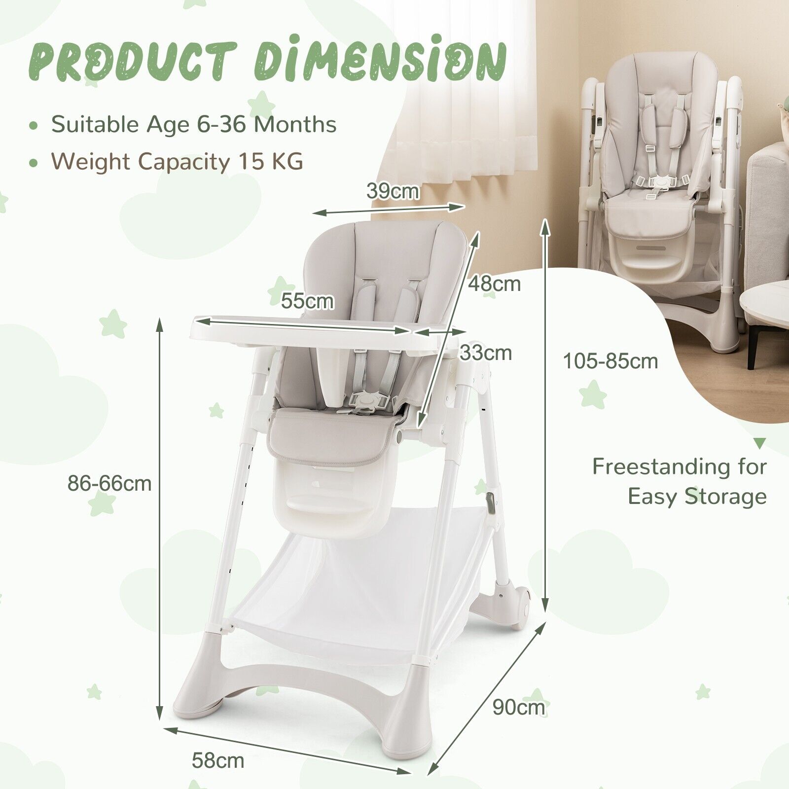 GOFLAME Folding Baby High Chair Adjustable Convertible High Chair W/ Detachable Cushion