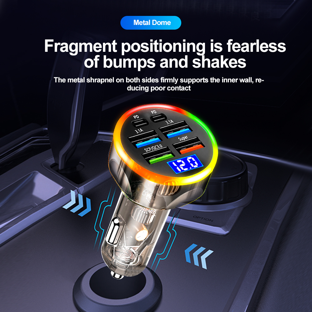 Szybka ładowarka samochodowa 250W 6 portów Quick Charge PD Type C USB A Adapter Transparent Case dla iPhone 15 16 Pro Samsung S24 Xiaomi Poco