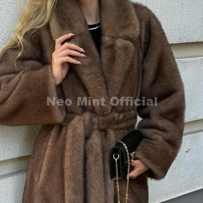 Neo mint com cinto falso casaco de pele de vison feminino 2025 inverno bege gradiente jaqueta de pele peluda marca de luxo com capuz quente outerwear casaco