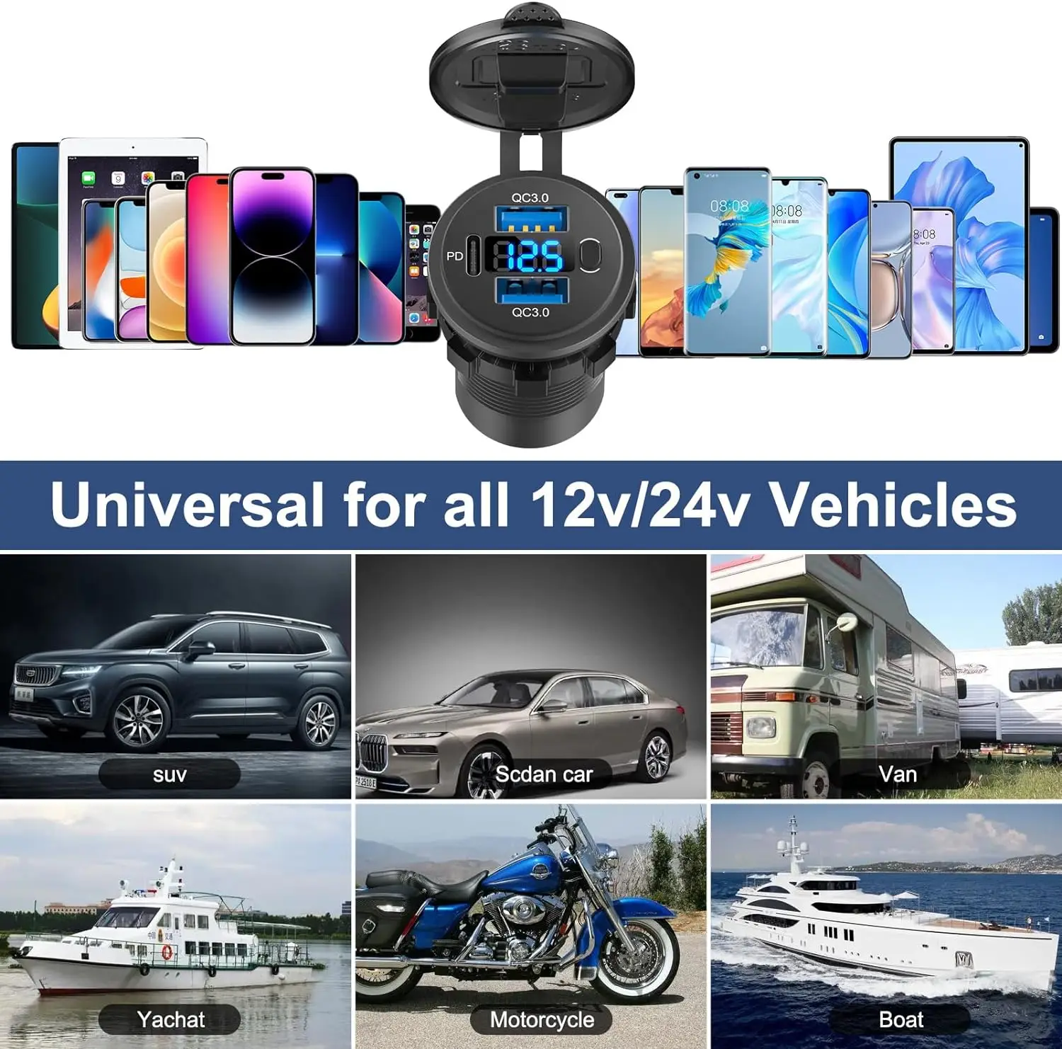 12V Usb Car Charger Power Socket QC3.0 and PD Port Fast Charging Charger Adapter with Switch for Car Motorcycle RV