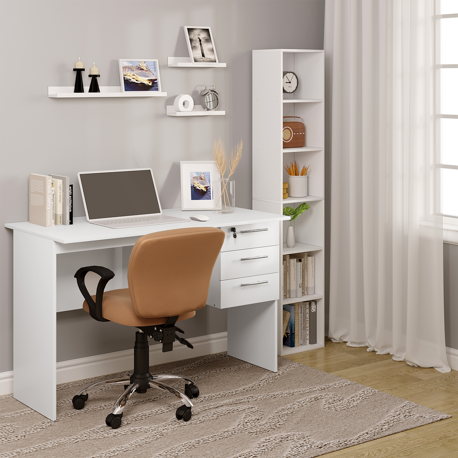 WOLTU Büro-Computertisch, schwarz/weißer Spanplattentisch, PC-Arbeitstudientisch mit Schloss, 3 Schubladen für Schreibtische im Schlafzimmer