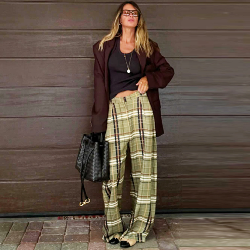 HXAO Plaid Baggy Pants Women's Pants Autumn 2025 Ladies Fashion Oversize High Waist Trousers Elegant Wide Leg Street Wear Pants
