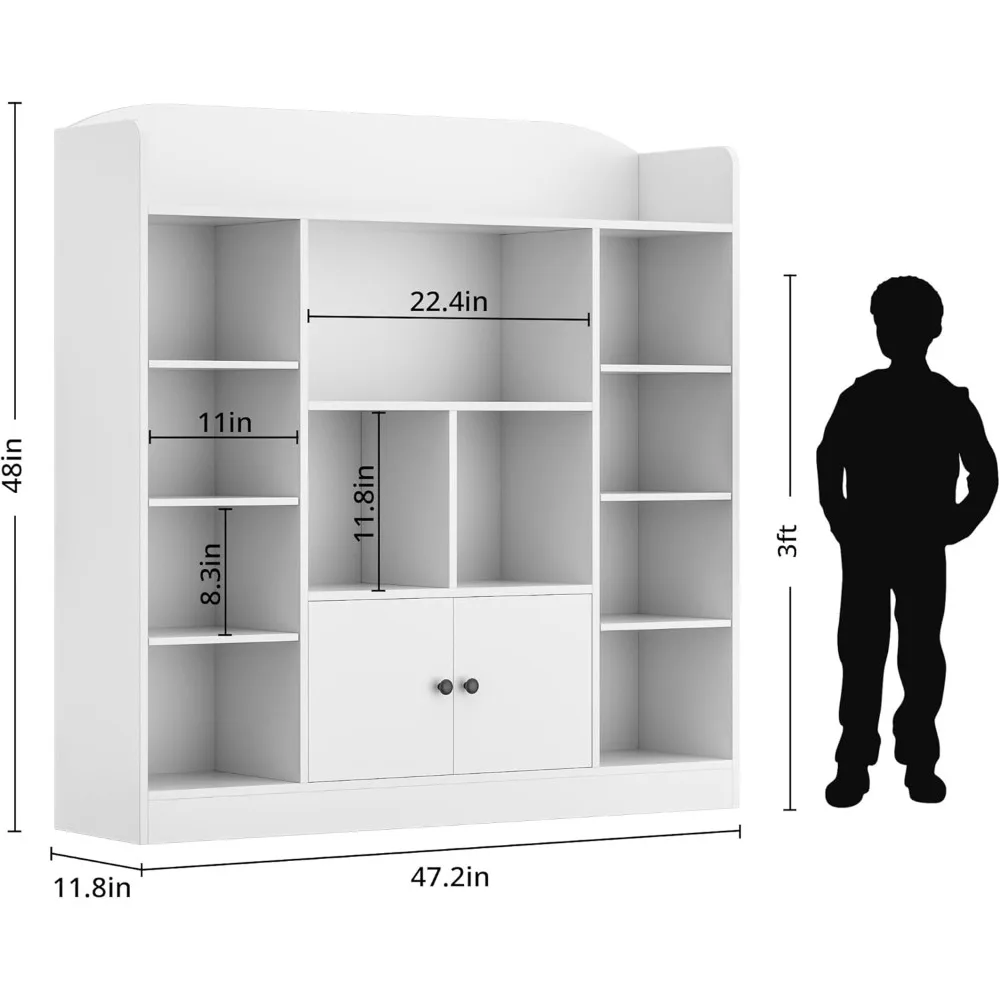 White Kids Bookshelf, Kids Bookcase with 11 Cubbies and 2 Cabinets, Freestanding Book Storage Shelves for Bedroom, Playroom