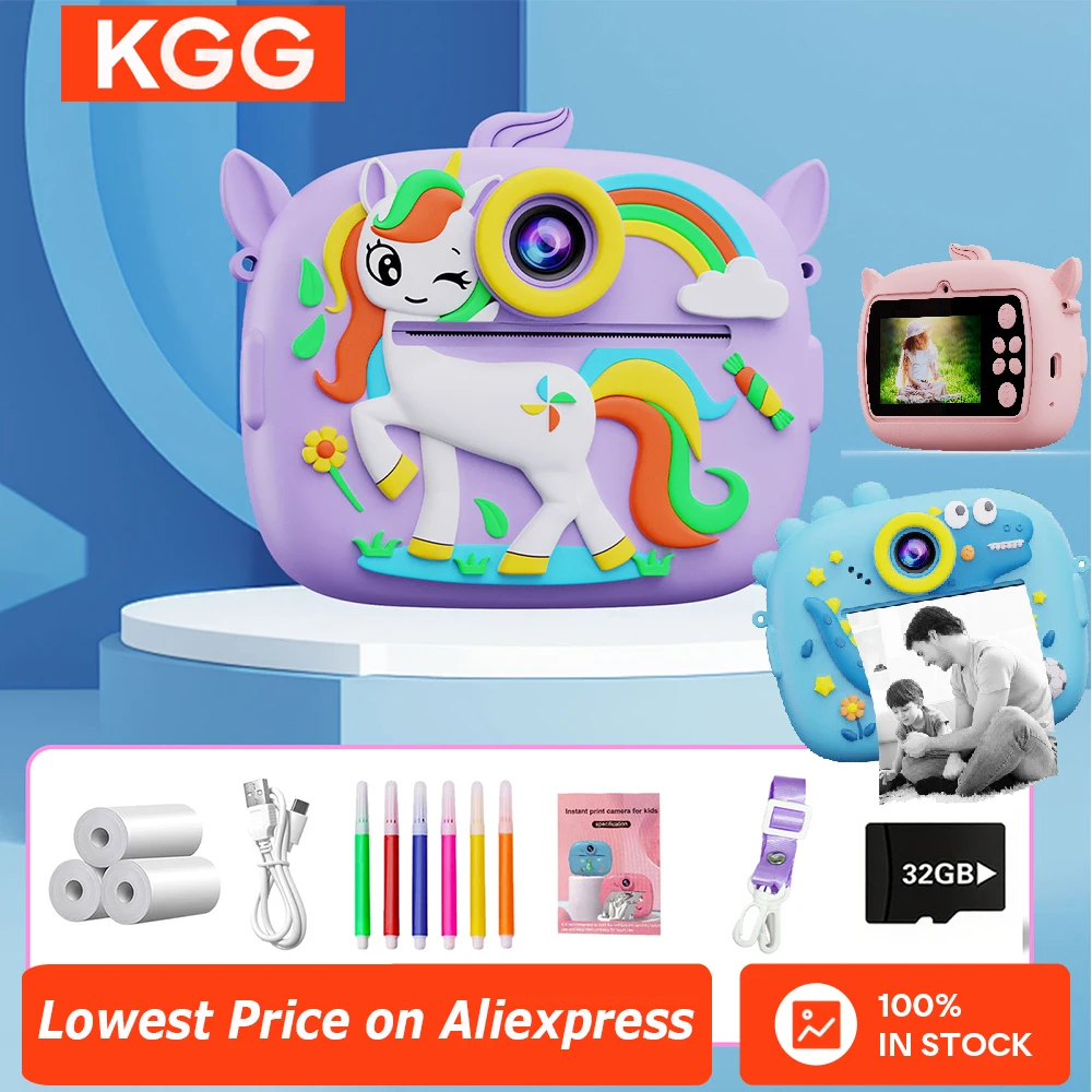 Cute Little Dinosaur Shape Kids Instant Print Camera Toy 1080P HD Dual Camera Thermal Print 32GB Memory Card Boys Girls Gift