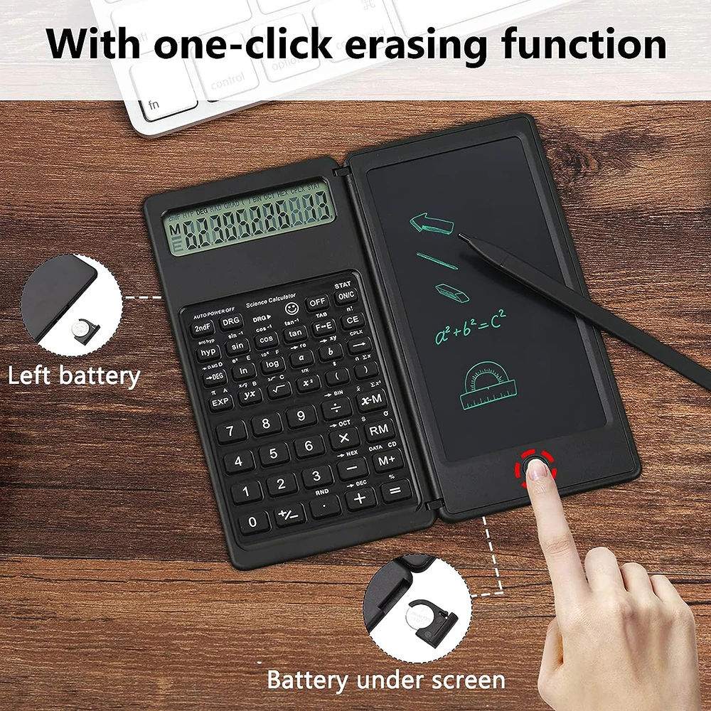 Calculadora Científica plegable 2 en 1, pantalla LCD de 10 dígitos con tableta de escritura de 6 pulgadas, compatible con lápiz óptico, bloqueo de botón de borrado