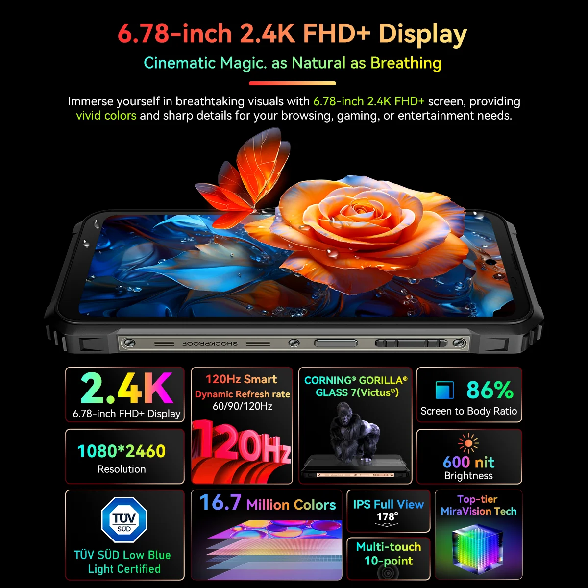 Blackview BL9000 Rugged Phone 6.78" 12GB+512GB 2.4K FHD Dual Display 50MP 8800mAh 120W Android 13 5G NFC Smartphone