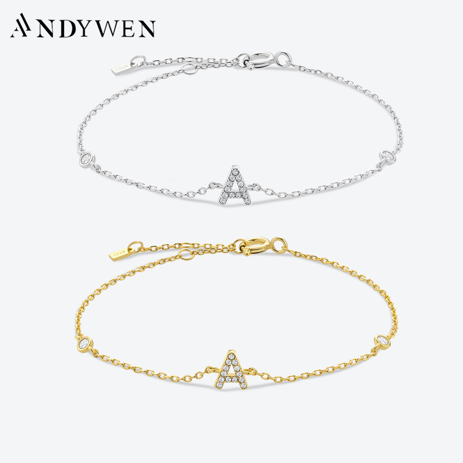 ANDYWEN Bạc 925 Ban Đầu 26 Chữ Cái Bảng Chữ Cái Hình Độc Vàng Tên Vòng Tay Pha Lê CZ Zircon 2021 Thời Trang Trang Sức