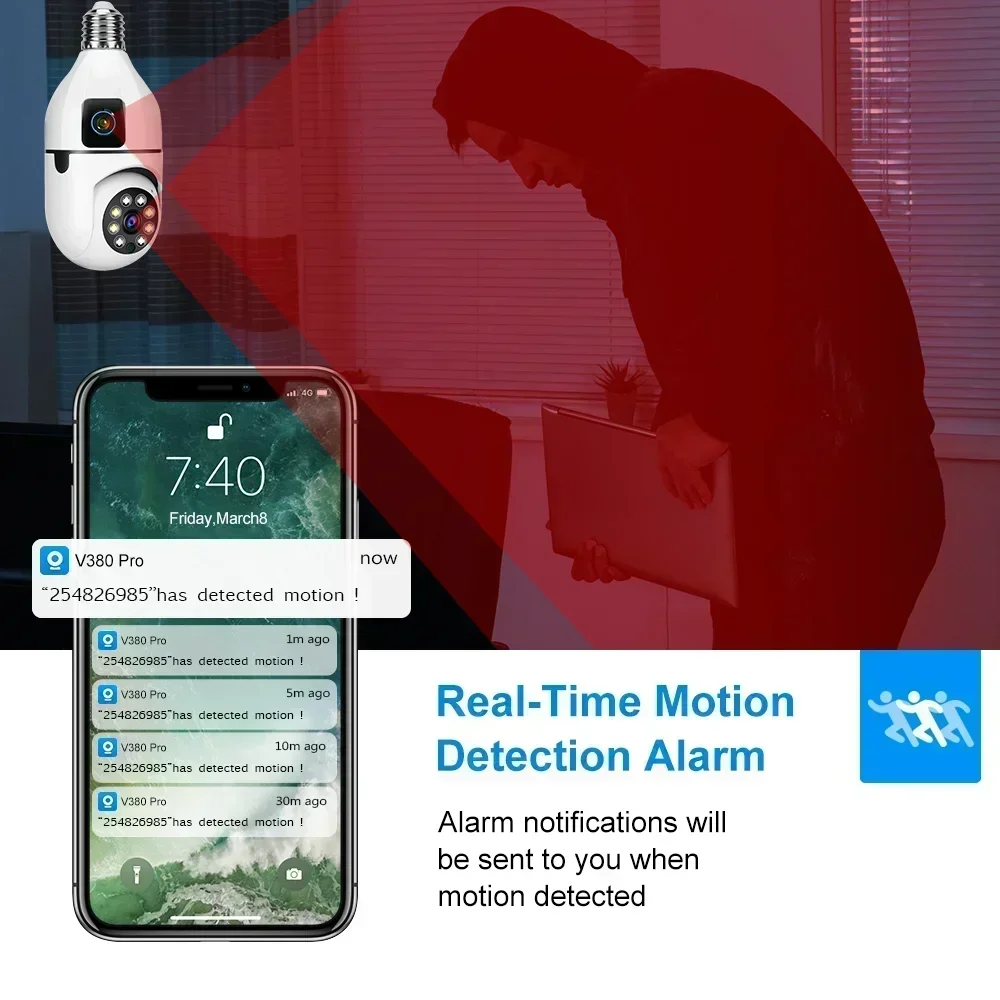 4K 8MP E27 Bulb WIFI Camera Dual Lens Color Night Vision Human Tracking Wireless Two-way Audio Cameras Indoor Surveillance Cam