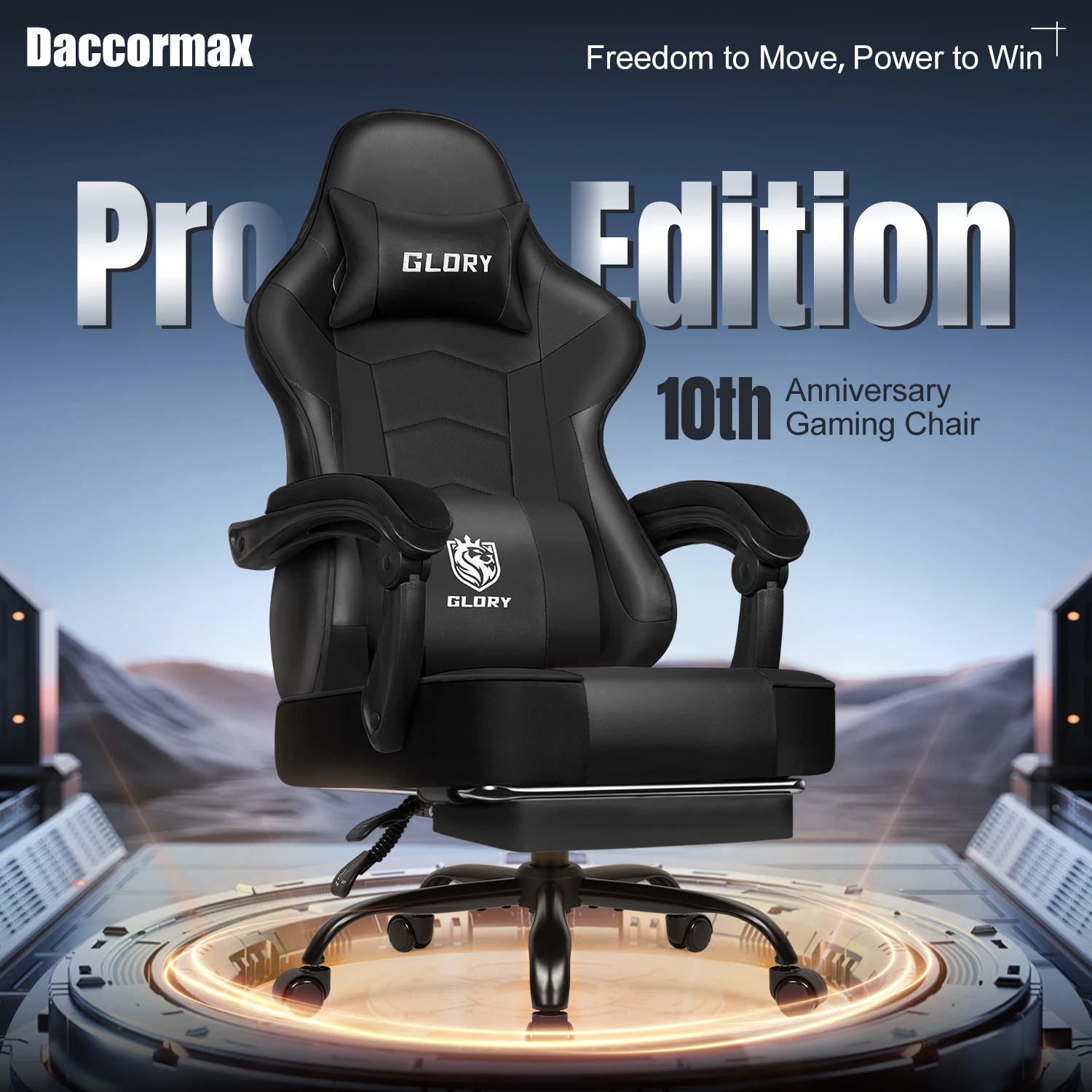 Daccormax Ergonomische gamingstoel met verstelbare lendensteun en hoofdsteun, ontwerp met hoge rugleuning + opvouwbare voetsteun voor pc-gamers