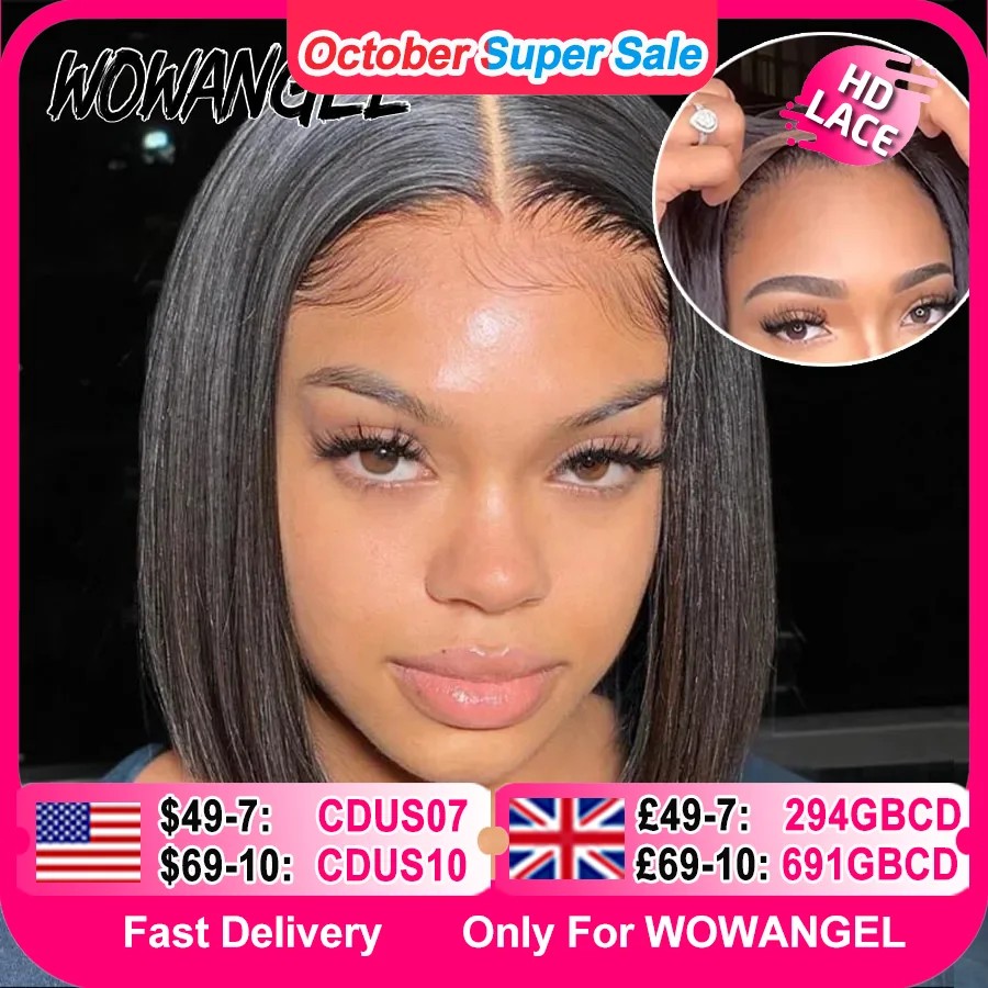 Wowangel peruca bob reta 5x5 hd fechamento do laço peruca pronta para usar peruca sem cola 250% bob peruca frente do laço perucas de cabelo humano pré arrancadas