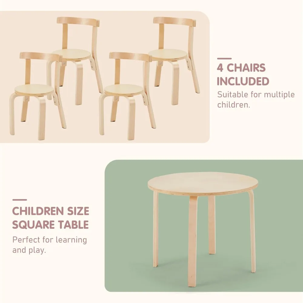 Kids Table and 4 Chairs Set - Round Table and Chair Set for Children, EN71 Certified, Birch Veneer - Wooden Dining Play Set for