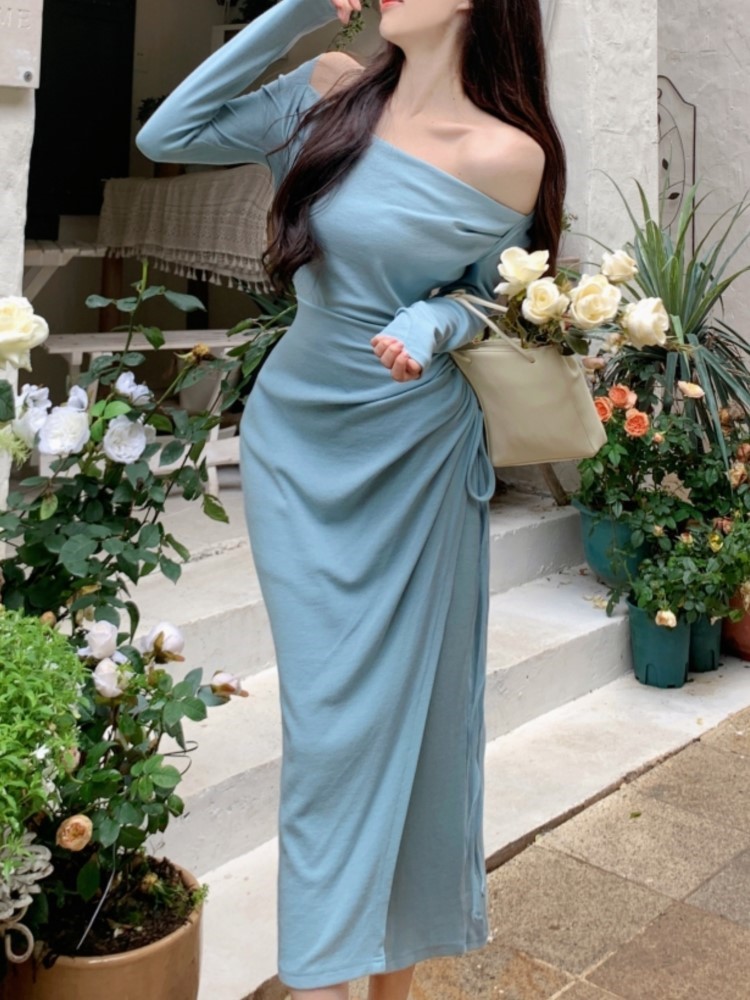 Gaun Midi Bodycon gaya Perancis seksi mode wanita gaun musim gugur wanita Vestidos ramping pesta malam elegan terbelah