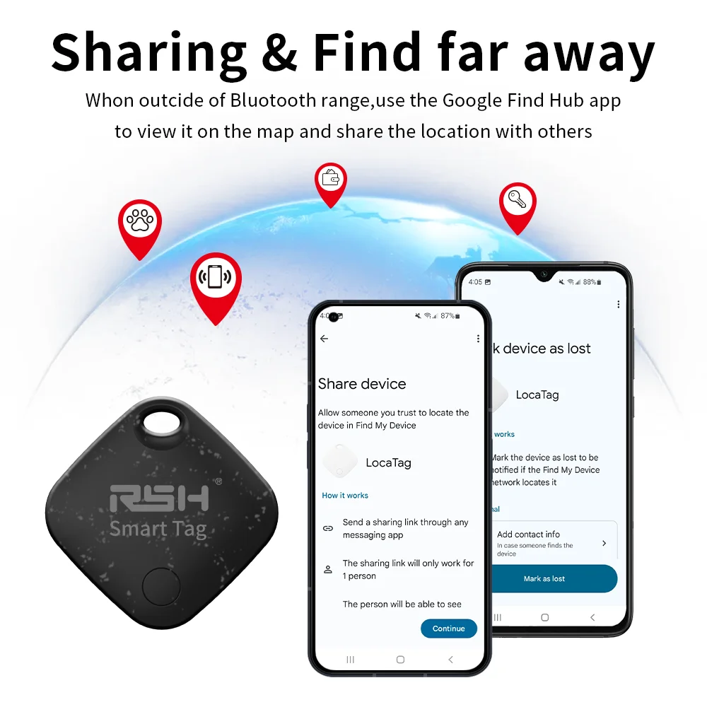 RSH 4er-Pack Sicherheits-GPS-Tracker, Auto-Geldbörse, Haustiere, Anti-Verlust, Eco-Smart-Tag für Google's Find Hub, Android-Locator für Xiaomi Pixel