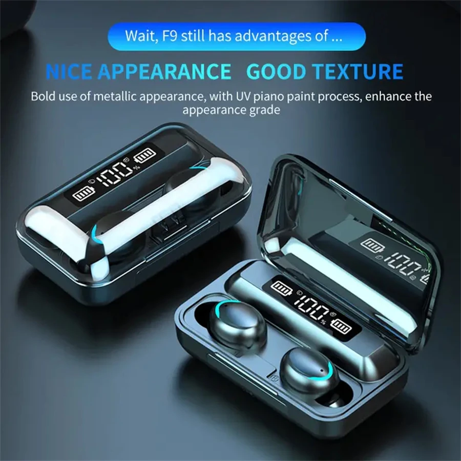 Auriculares Bluetooth inalámbricos F9 TWS: auriculares para juegos con pantalla digital y estuche de carga de gran capacidad