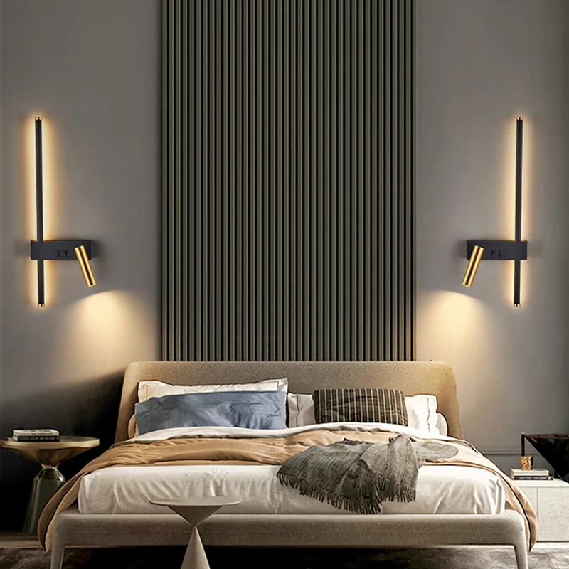 Nueva lectura con interruptor, lámparas de pared minimalistas, tira de luces de noche para dormitorio, lámparas de pared de fondo de línea de dormitorio principal nórdico 2023