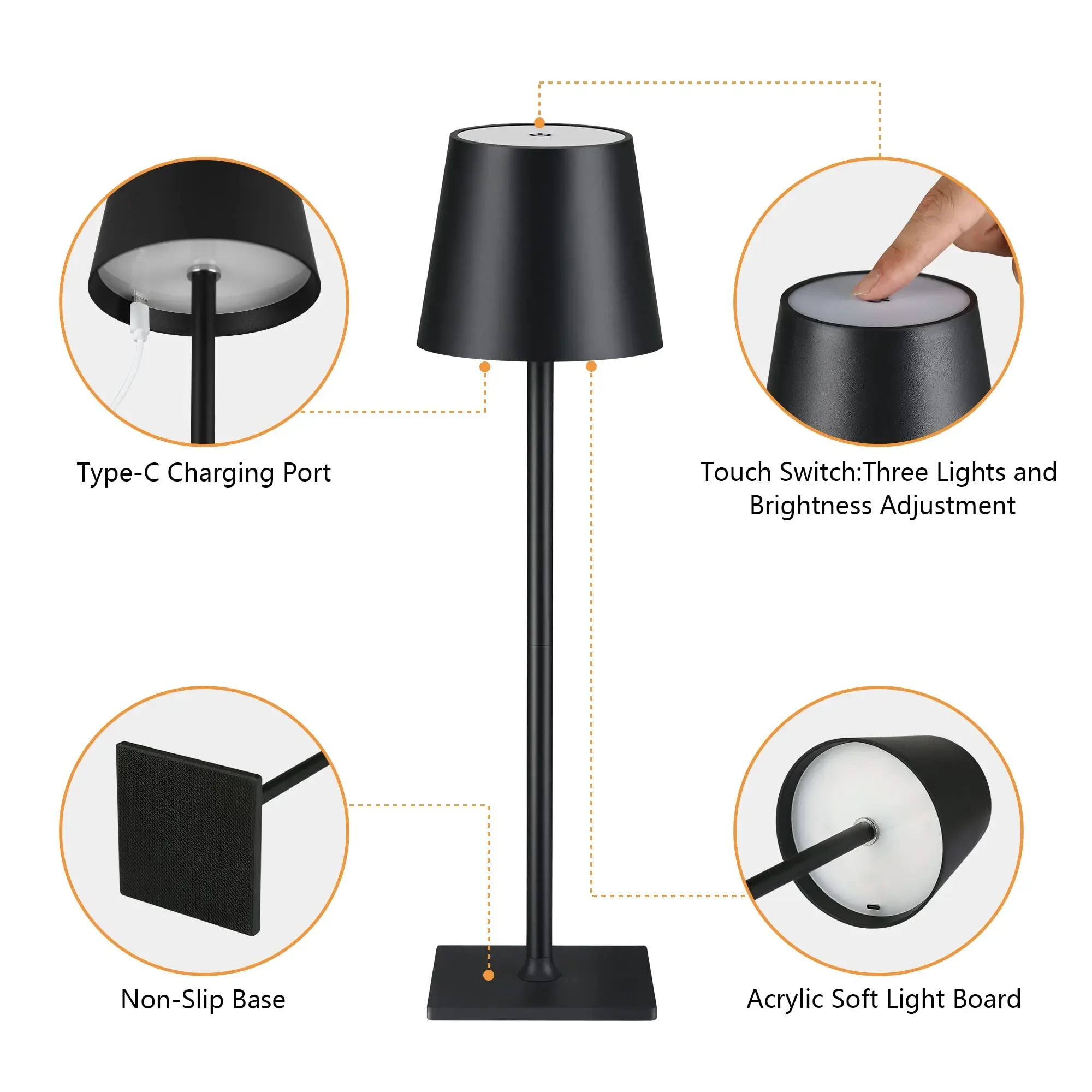 LED-Tischlampe, Touch-Sensor, wiederaufladbar, Desktop-Nachtlicht, 3-Farben-Dimmung, kabellose Leselampe für Hotel, Bar, Schlafzimmer, Dekoration