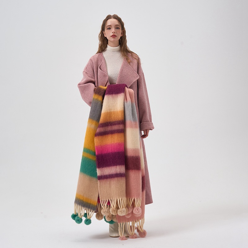 Bufanda de bola de lana hecha a mano, colorido Arco Iris a rayas, Mohair, Cachemira, chal grueso para invierno, banda para el cuello, bufanda cálida, accesorios para parejas