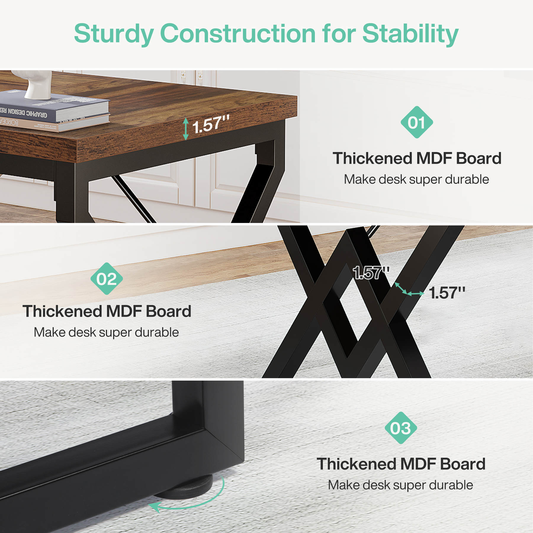 Tribesigns directiebureau, bureau met extra verdikt houten tafelblad en metalen frame, groot computerbureau van 63 inch