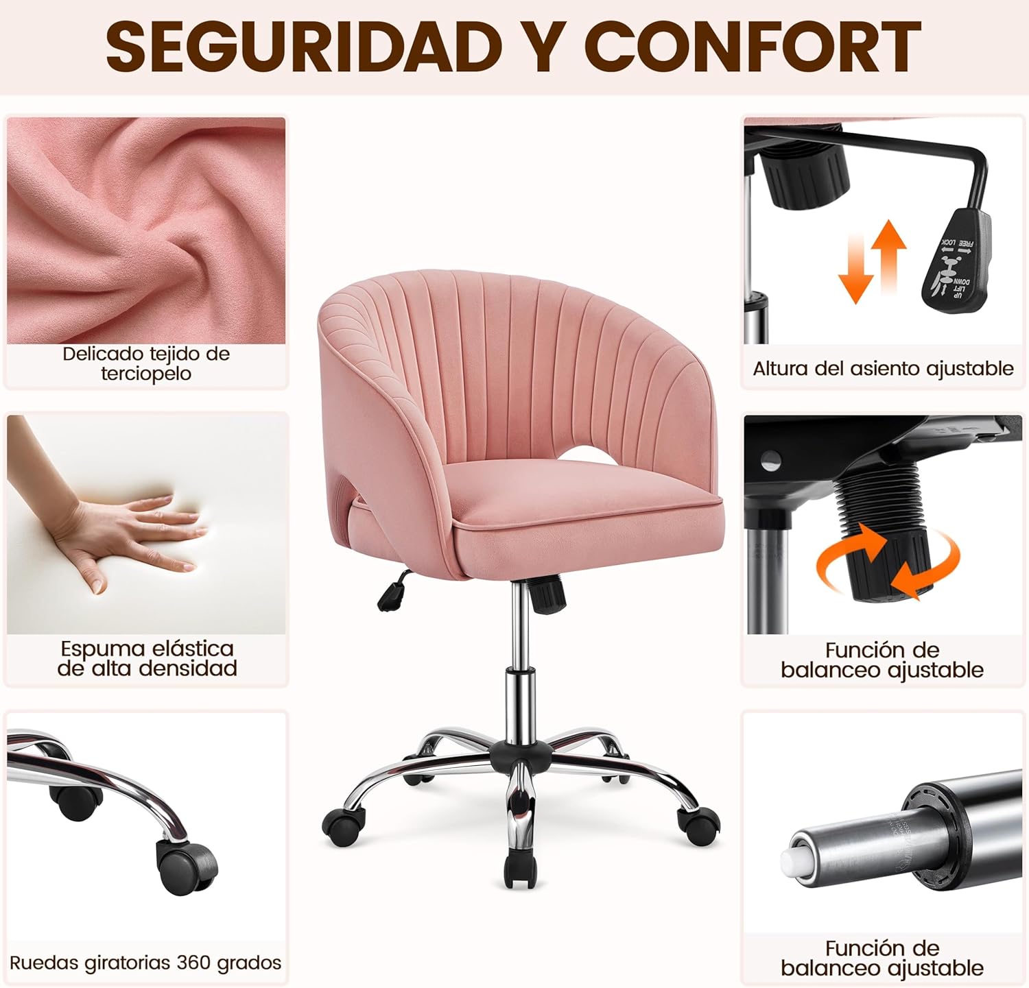 de Oficina Terciopelo Silla con Rudas para Trabajo Altura Ajustable Tapizada de Terciopelo Ro