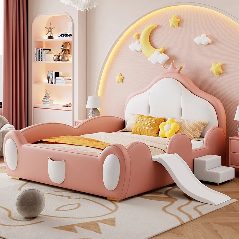 Children's Guardrail Princess Bed Soft Package Guardrail Bed Modern Simple 1.35 M Single with Slide Baby Beds Camas Para Niños