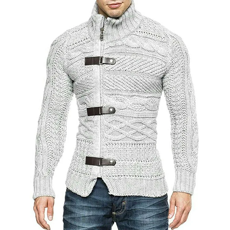 Herbst Winter Herren Rollkragenpullover Mantel Mode Leder Schnalle Langarm Strickjacke Mantel Große Größe Stricken Herren Kleidung