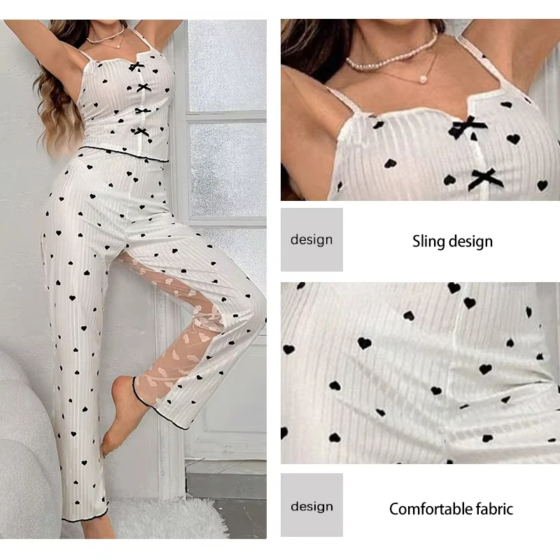 Conjunto de renda de malha transparente sexy feminino de 2 peças com alça impressa com nervuras top e calças roupas para casa conjunto de pijama