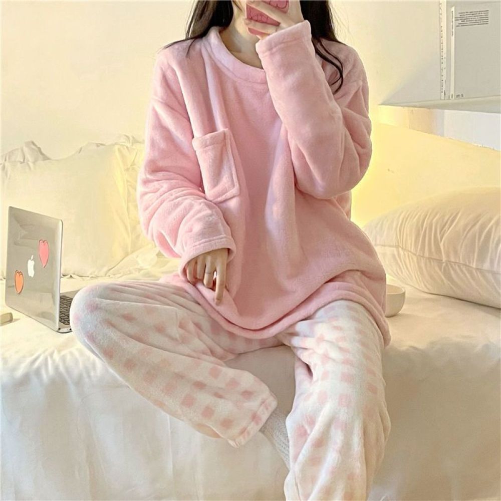 Conjunto de pijamas femininos de lã grosso e quente, roupa de dormir de inverno casual, top sólido e calças xadrez, conjunto de pijamas macios para mulheres, terno de casa